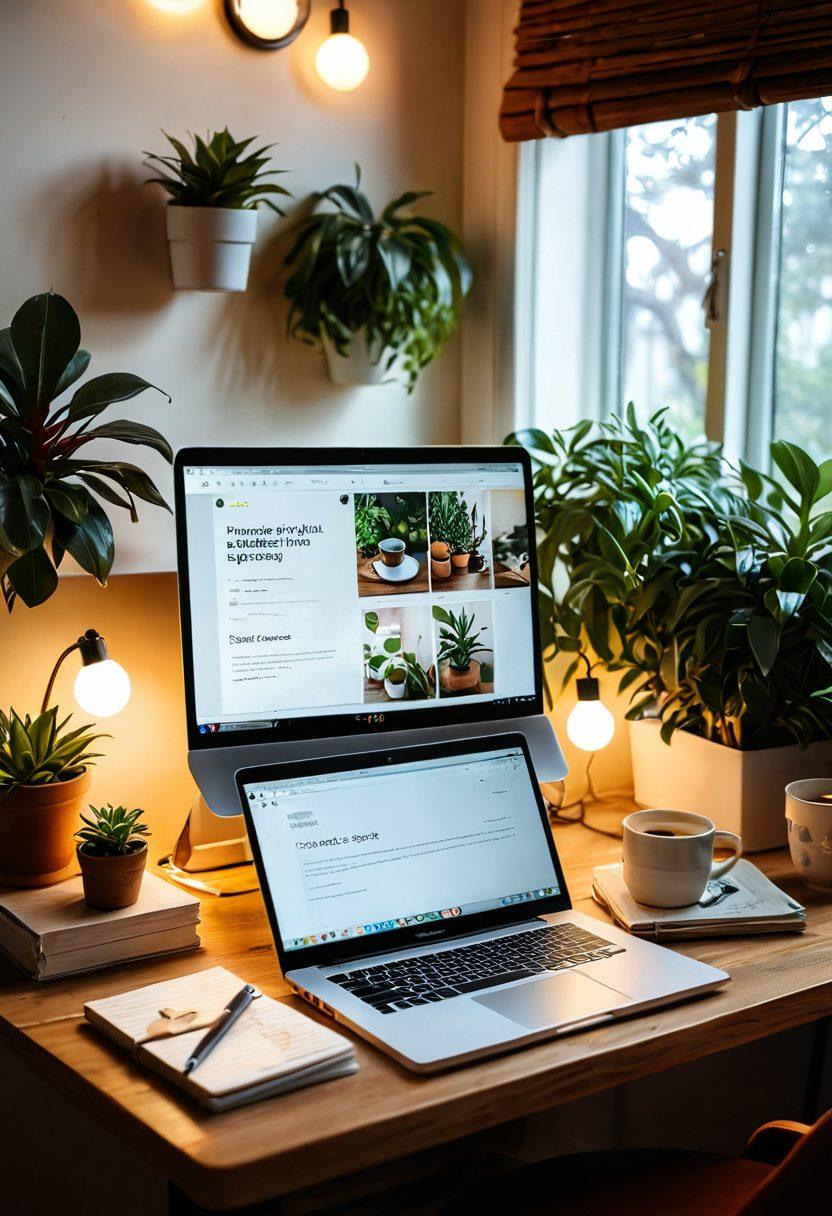 A cozy, inviting workspace with a laptop featuring a personal blog website on the screen, surrounded by plants and warm lighting. Include a steaming cup of coffee, a notepad with handwritten notes, and photographs of diverse people interacting happily. Add a sense of connection through visual elements like a heart icon or speech bubbles. warm tones. cozy atmosphere. soft lighting. 3D.