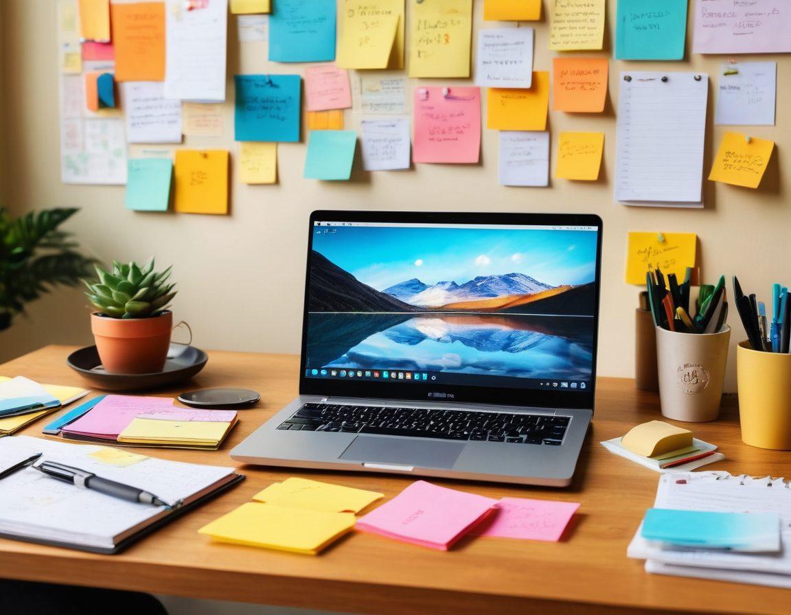 An open laptop with a vibrant blog dashboard displayed on the screen, surrounded by colorful sticky notes and an assortment of writing tools like pens and notebooks. In the background, a coffee cup sits on a stylish desk with motivational quotes hanging on the wall. Bright natural light floods the room, symbolizing creativity and inspiration, blending with elements of the digital world. super-realistic. vibrant colors. cozy atmosphere.