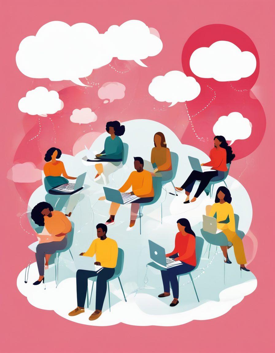 A whimsical illustration of a diverse group of people sitting at laptops, surrounded by floating thought bubbles filled with blog ideas, tools, and writing elements. The background should have a collage of vibrant blog interfaces and icons, reflecting creativity and community in the blogging world. Use bright colors and a playful style to evoke a sense of exploration and inspiration. vector art. vibrant colors. white background.